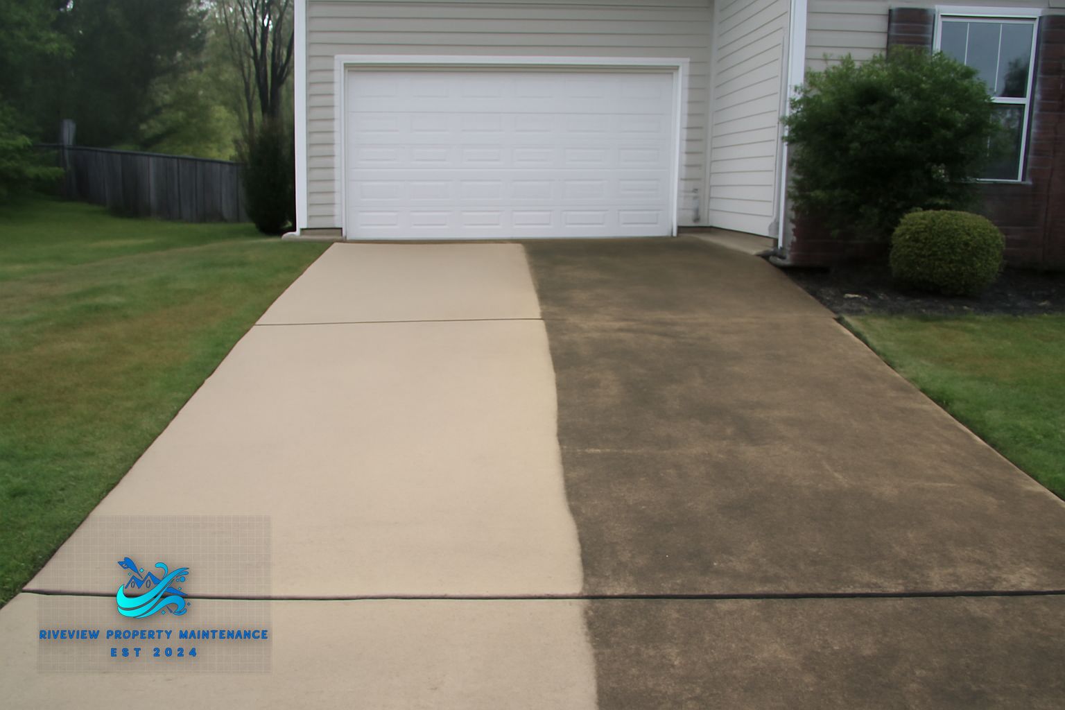 Red Georgia clay staining on a residential concrete driveway in Buford GA prior to pressure washing