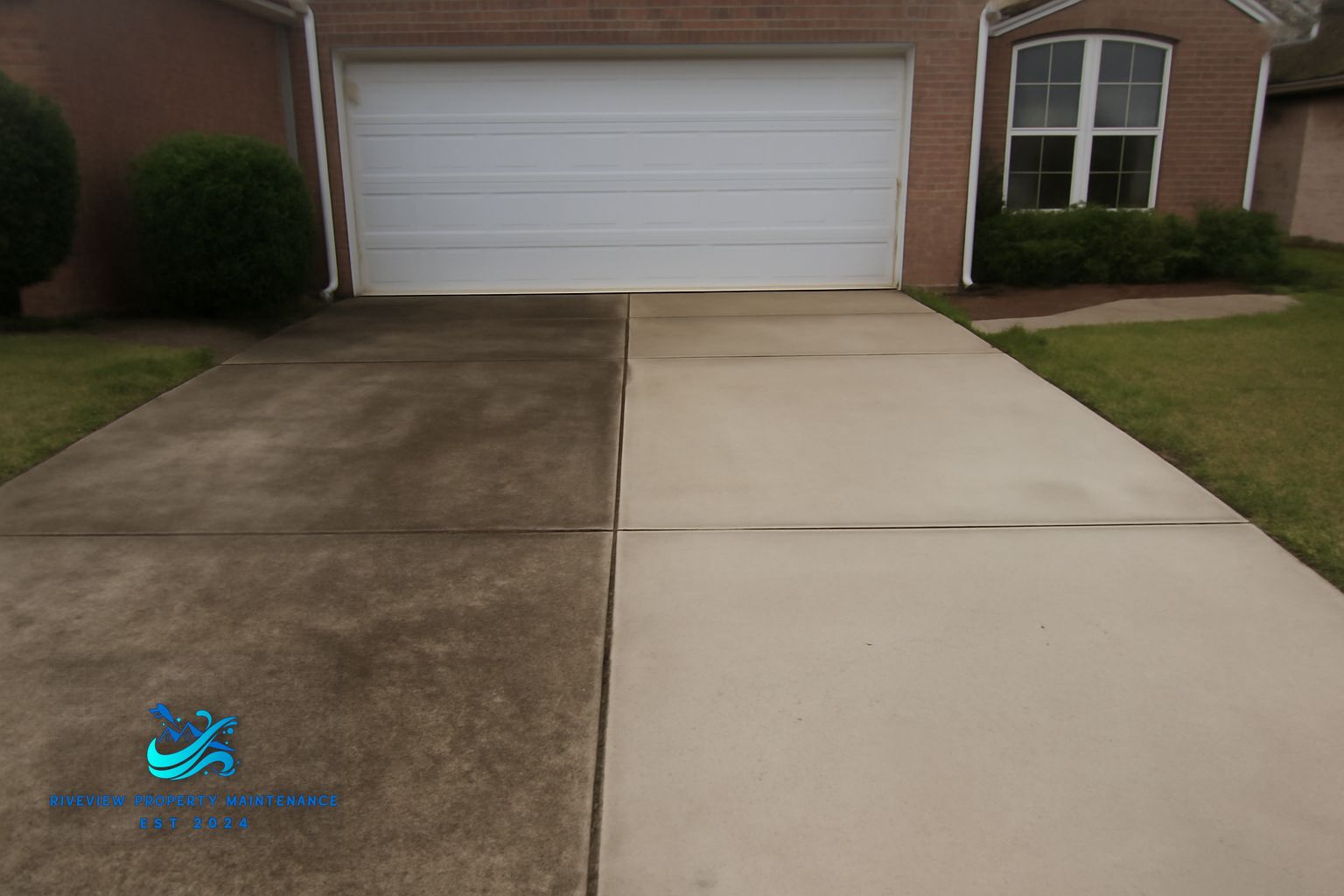 Before and after concrete driveway cleaning showing red clay stain removal in Dacula, GA