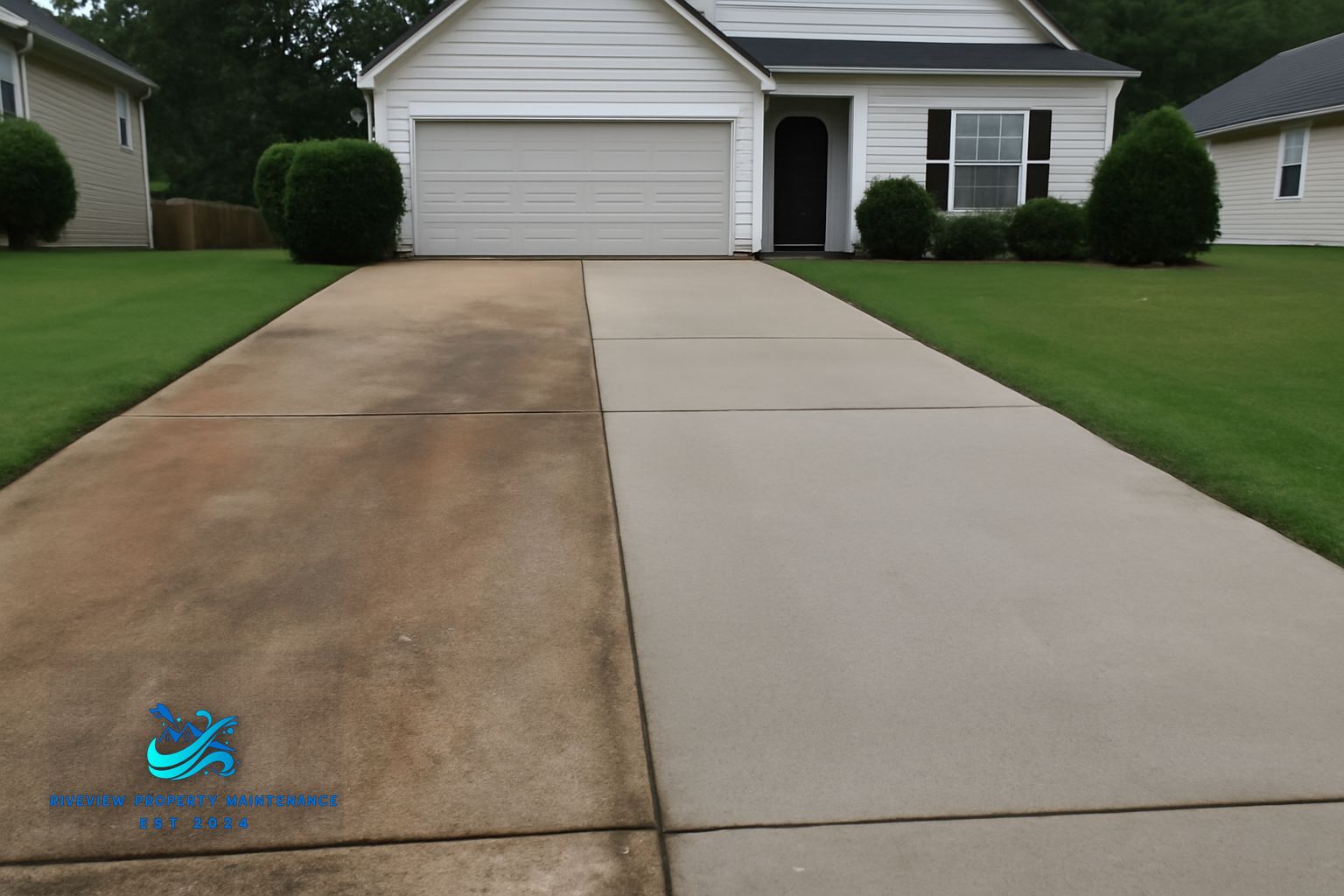 Concrete driveway before and after pressure washing in Lawrenceville GA