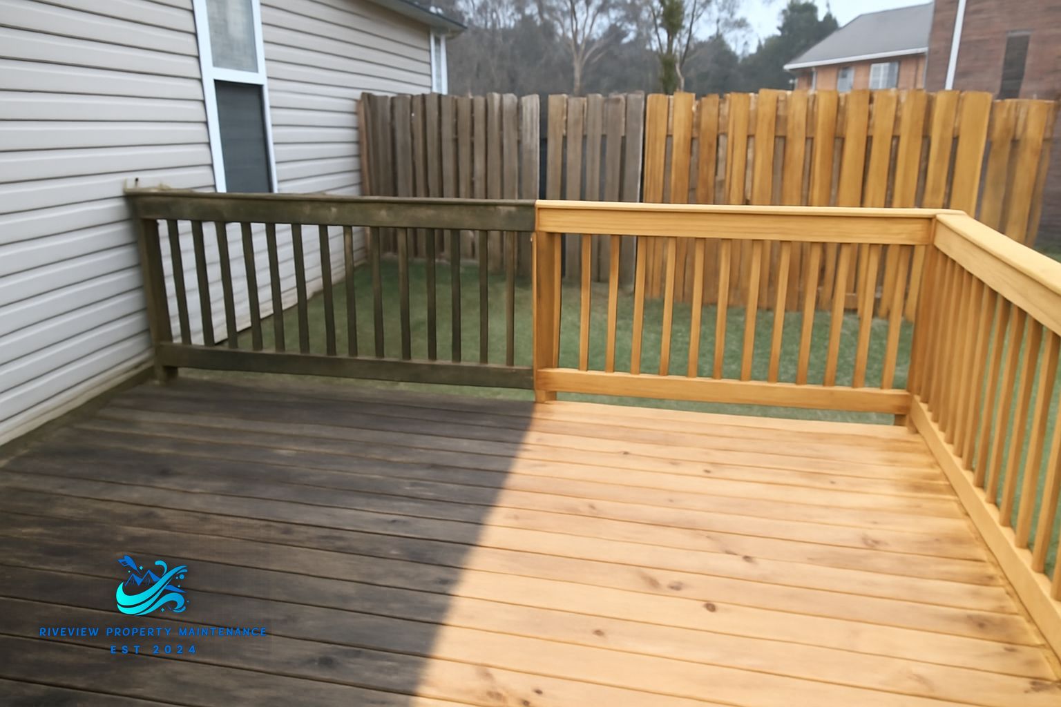 Weathered wood deck with black mildew streaks before cleaning in Grayson GA