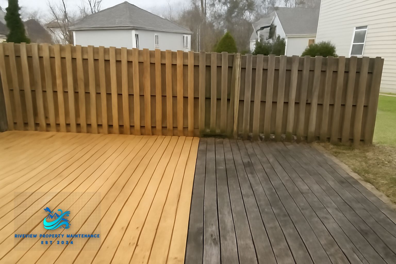Clean restored wood deck after professional cleaning and brightening in Gwinnett County GA