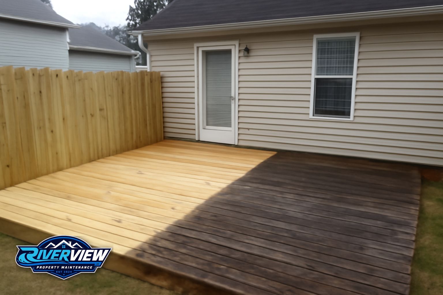 Clean restored wood deck after soft washing and sealant application in Gwinnett County GA