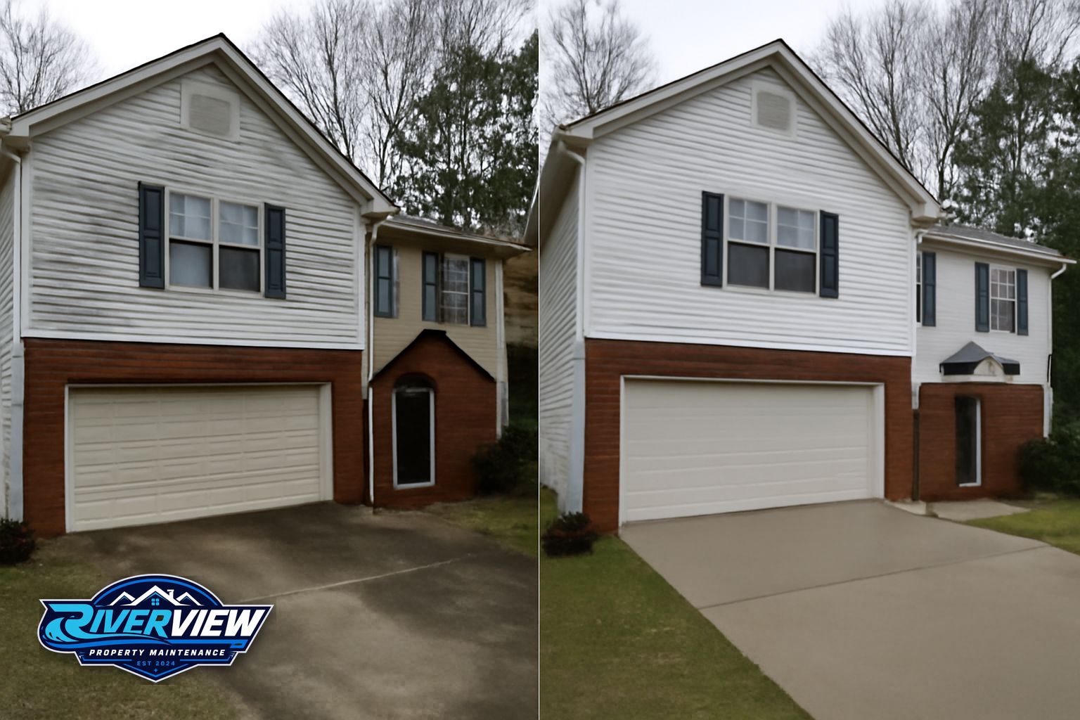 Before and after exterior upgrade on a brick and vinyl home in Lawrenceville, GA showing clean siding and driveway