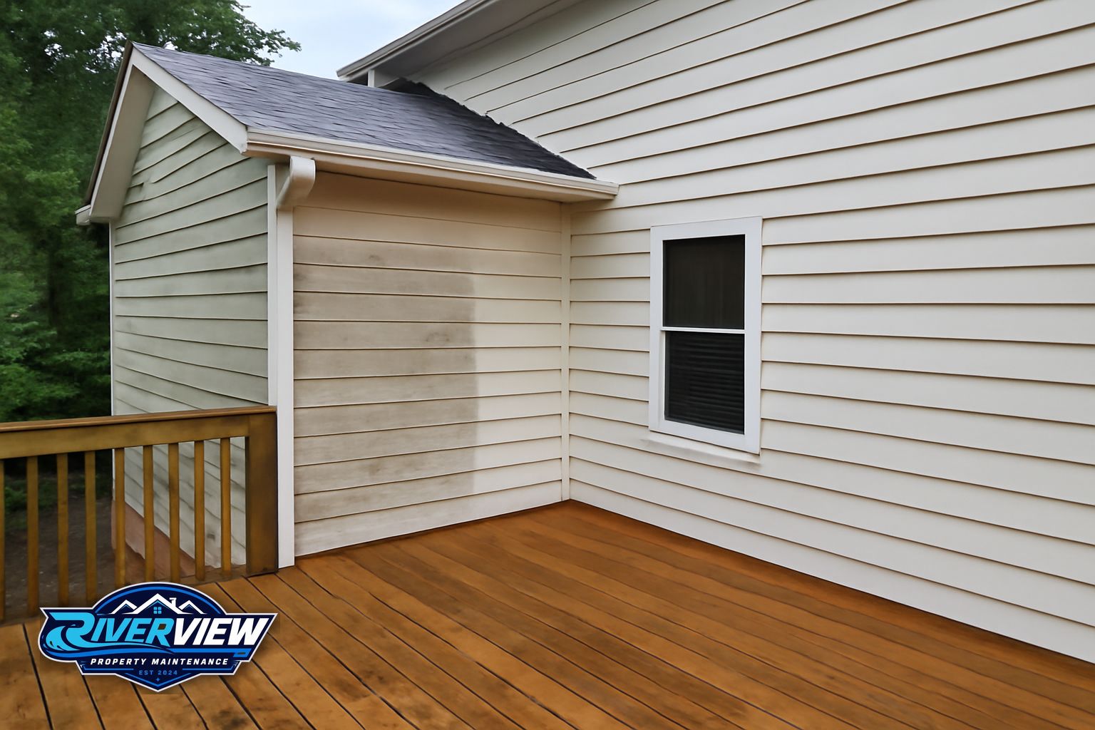 Clean deck, washed siding, and clear gutters on a Lawrenceville Georgia home after a full exterior upgrade