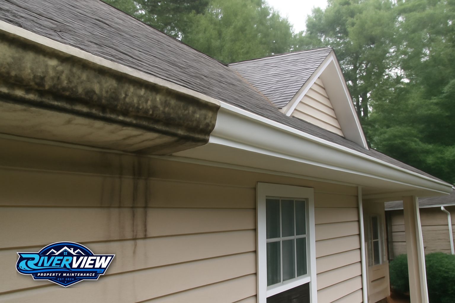 Clogged gutters packed with pine pollen and oak debris on an Auburn GA home