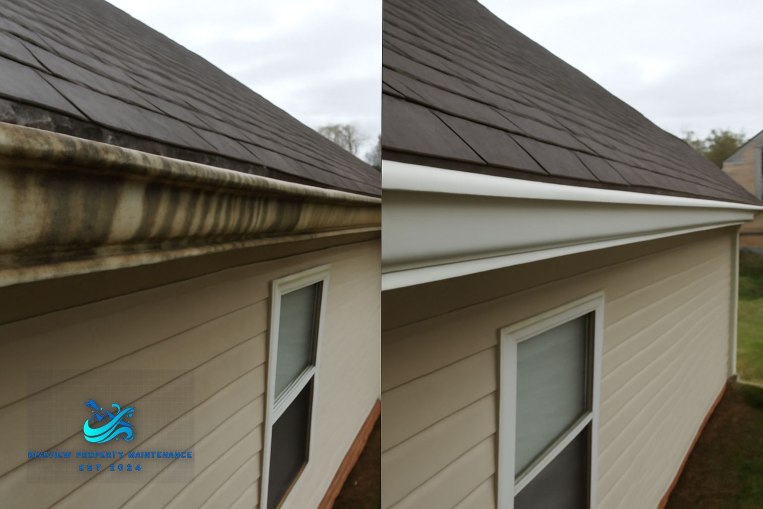 Technician clearing packed pine pollen and leaf debris from gutters on a Dacula, GA home