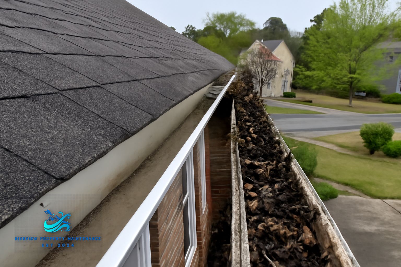 Technician flushing downspout on a Dacula home after gutter cleaning to confirm full drainage