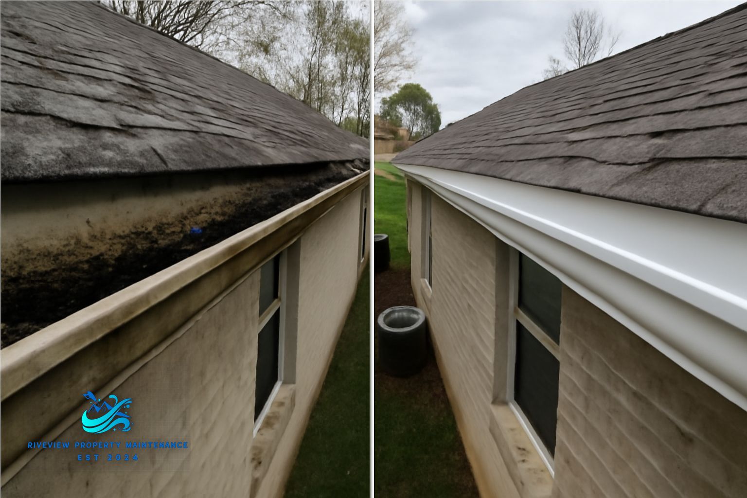 Clogged gutter packed with oak leaves and pine debris on a Lawrenceville, GA home