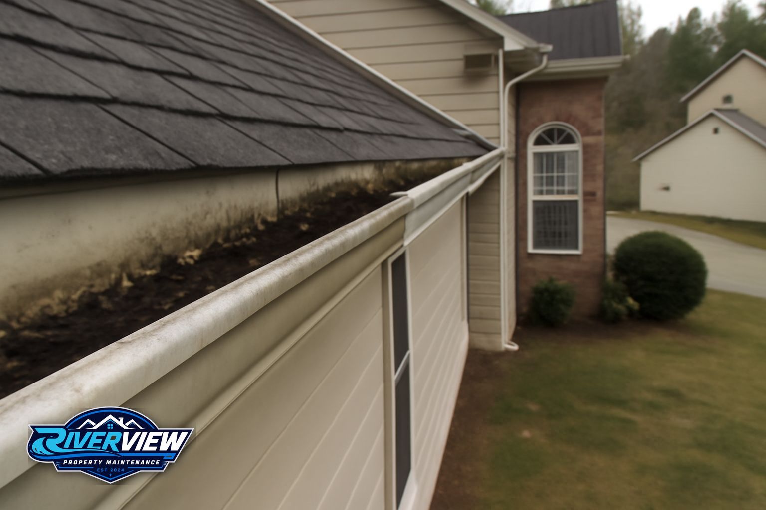 Packed pine debris and leaves being cleared from gutters on a Lawrenceville home