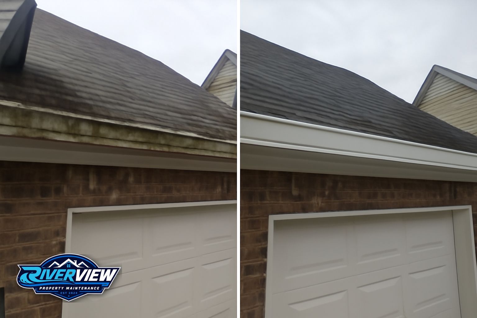 Clogged gutter packed with pine pollen and oak debris on a Loganville, GA home
