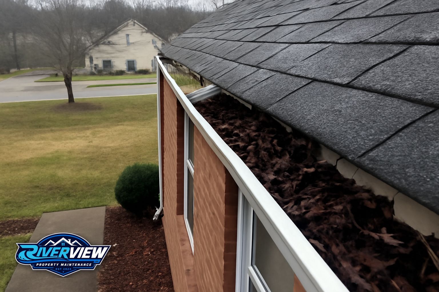 Clean gutters and downspout on a Loganville Georgia home after service by Riverview Property Maintenance