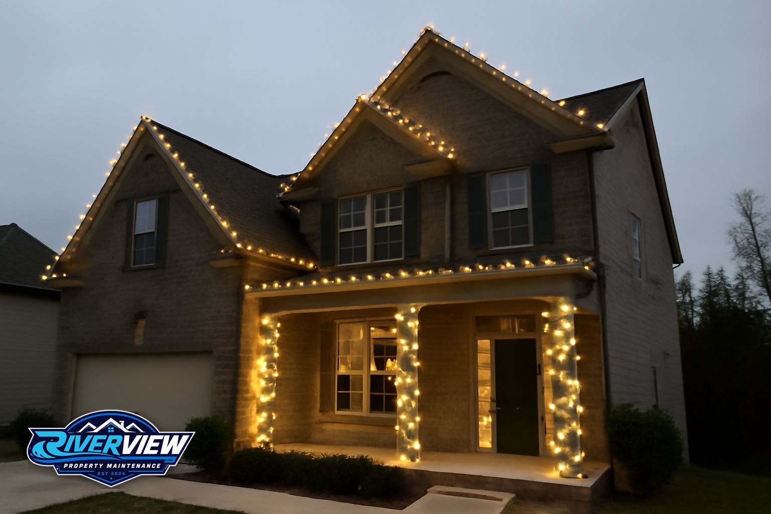 Holiday lighting installed on a two-story home in Lawrenceville, Georgia with roofline and column wraps lit up at dusk