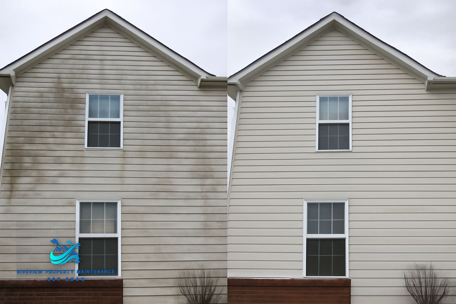 Green algae and mildew on north-facing vinyl siding on a Buford Georgia home
