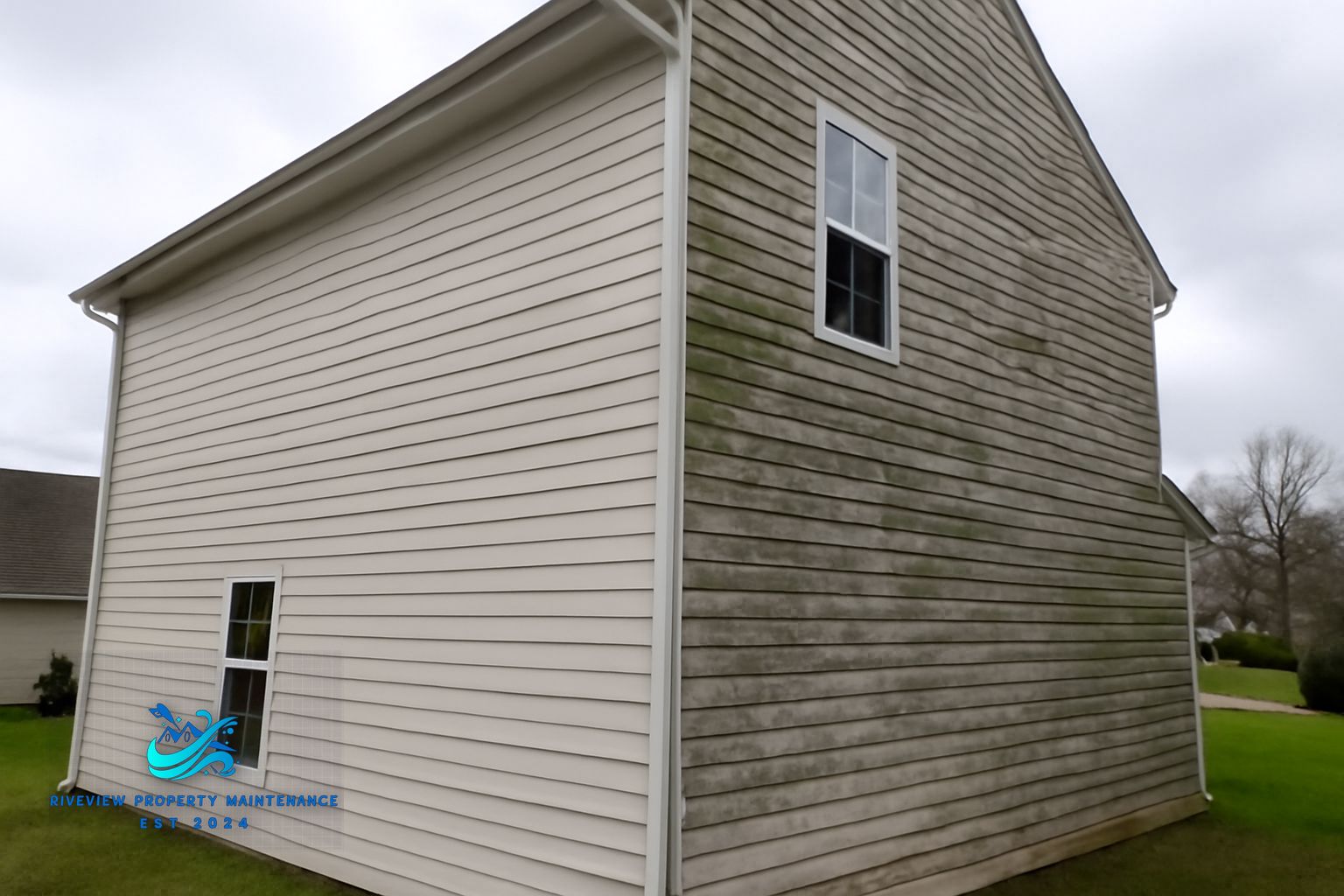 Before and after soft washing on a Buford Georgia home showing clean white vinyl siding