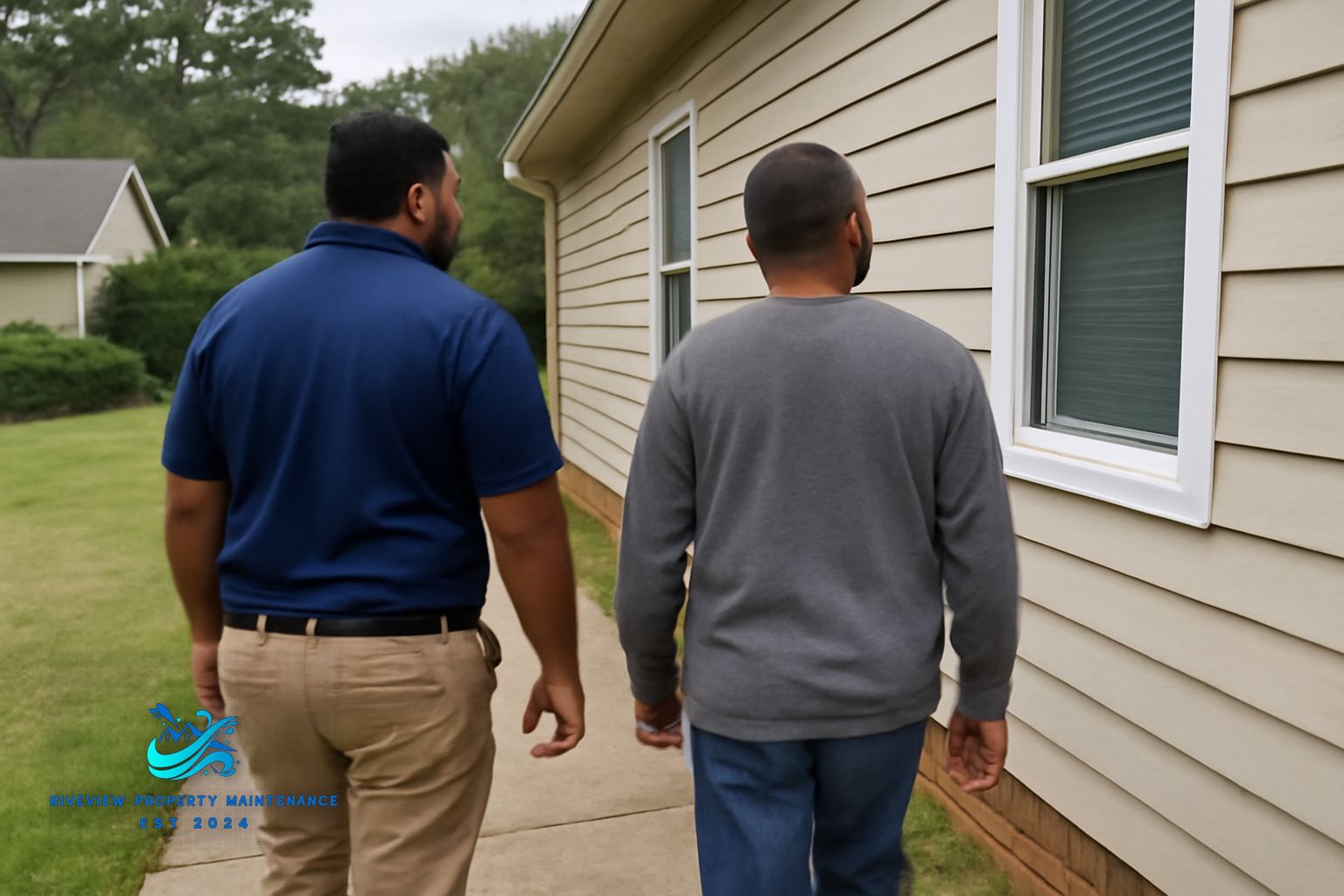 Riverview Property Maintenance crew soft washing a two-story brick home in Lawrenceville Georgia