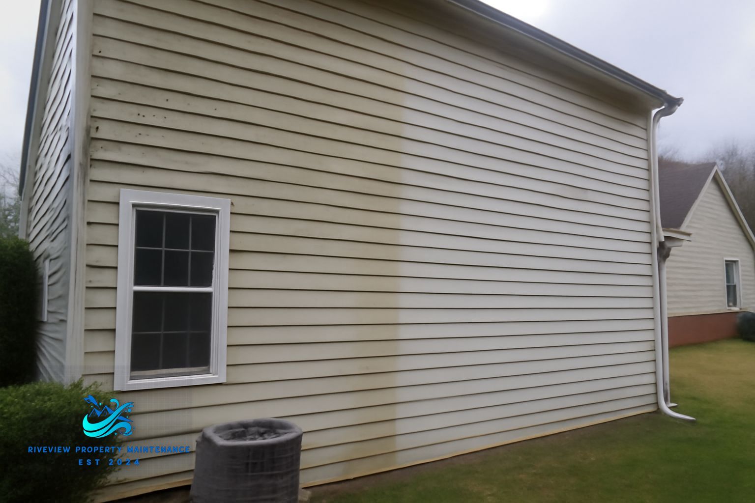 Mildew and algae buildup on north-facing vinyl siding on a Mulberry, GA home