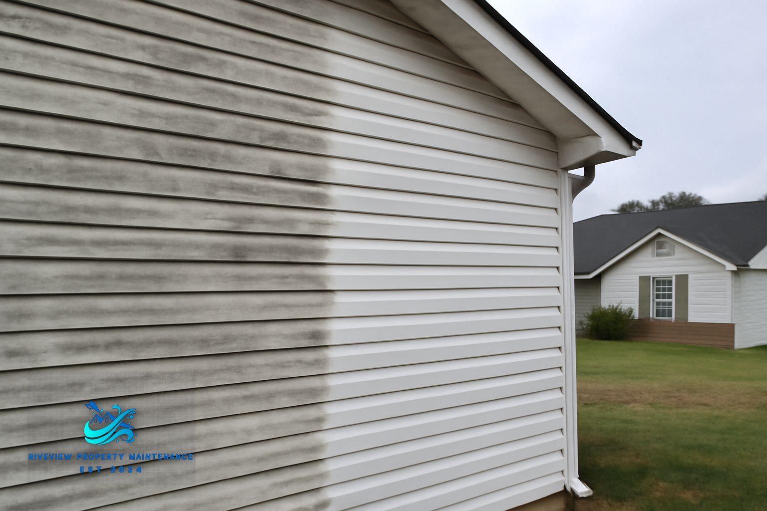 Technician soft washing Hardie plank siding on a home in Winder Georgia with low pressure equipment