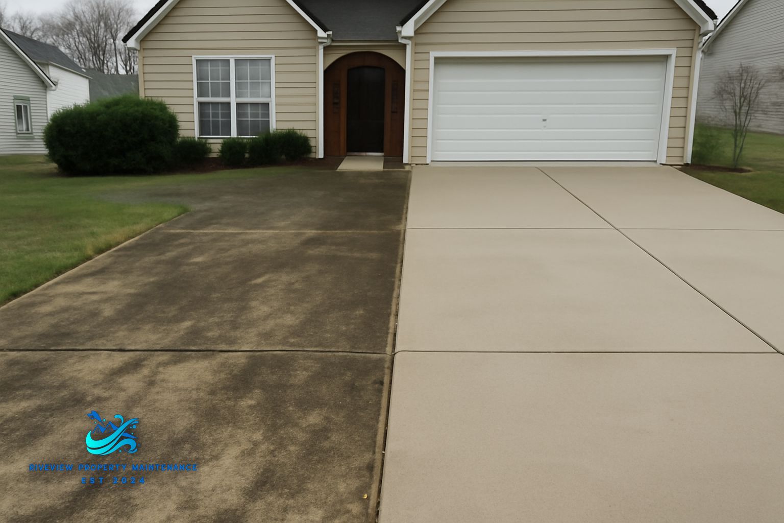 Pressure washing a stained concrete driveway in Buford, GA