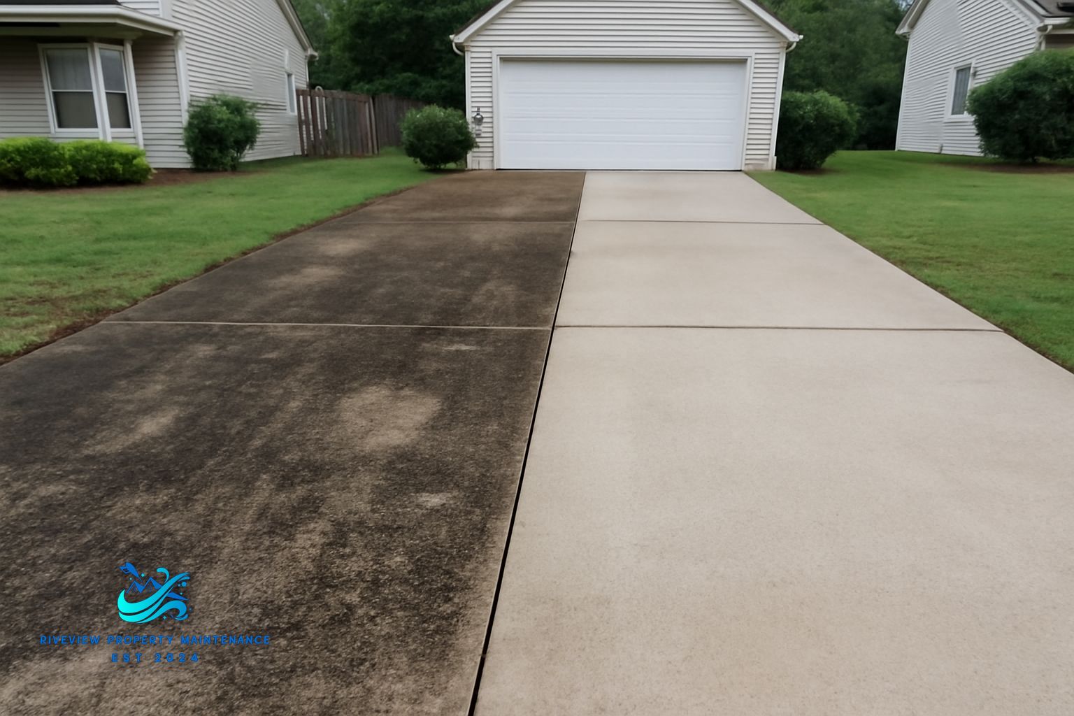 Concrete driveway in Buford GA showing red clay staining before pressure washing