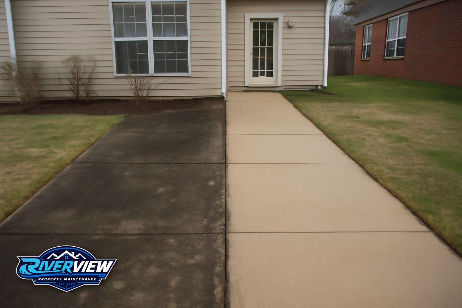 Concrete patio in Dacula GA before and after professional pressure washing showing red clay and algae removal