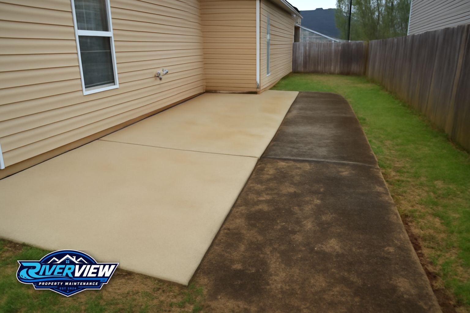 Clean concrete driveway and front walkway at a Dacula GA home after Riverview Property Maintenance pressure washing service