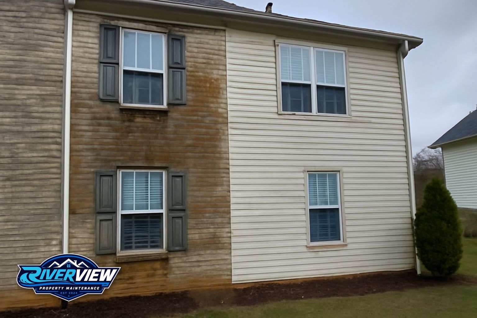 Before and after concrete driveway cleaning in Winder, GA showing red clay stain removal