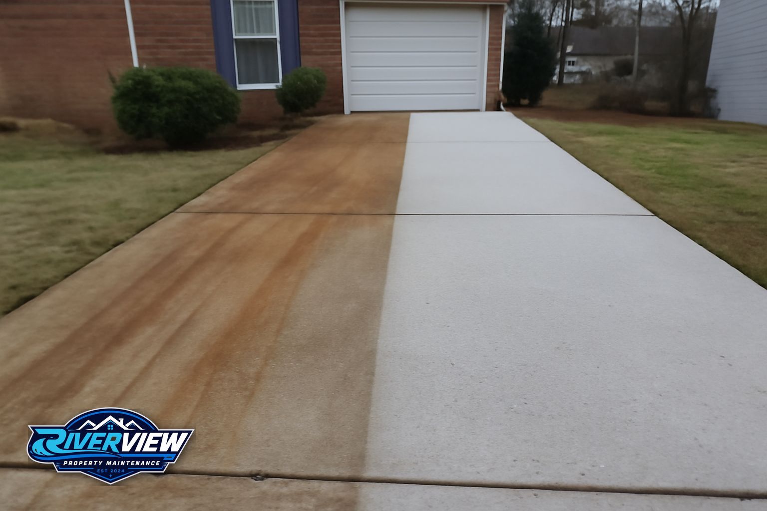 Mildew and algae on a shaded concrete patio in Barrow County Georgia before pressure washing