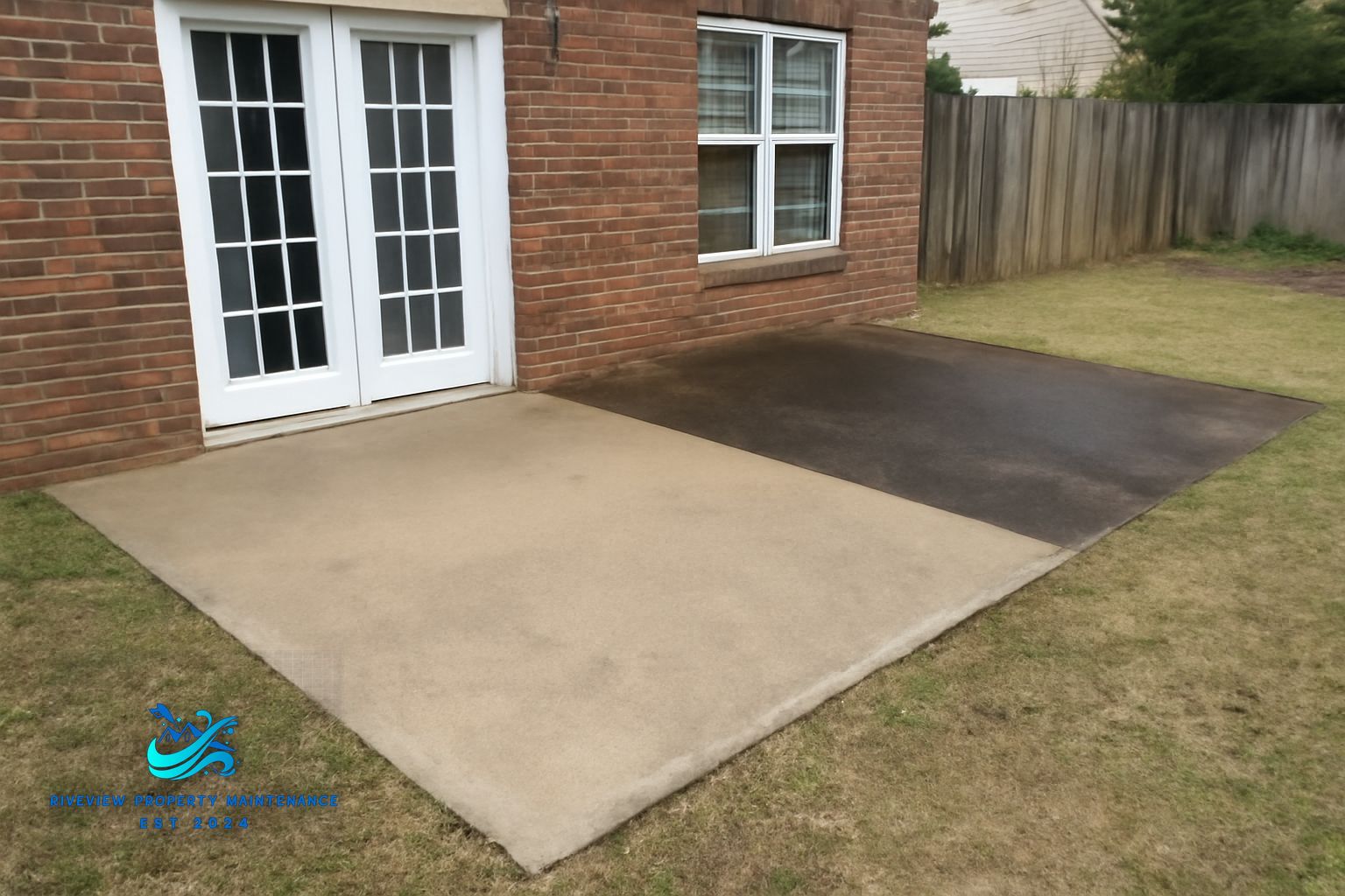 Riverview Property Maintenance technician pressure washing a paver patio in Lawrenceville, Georgia
