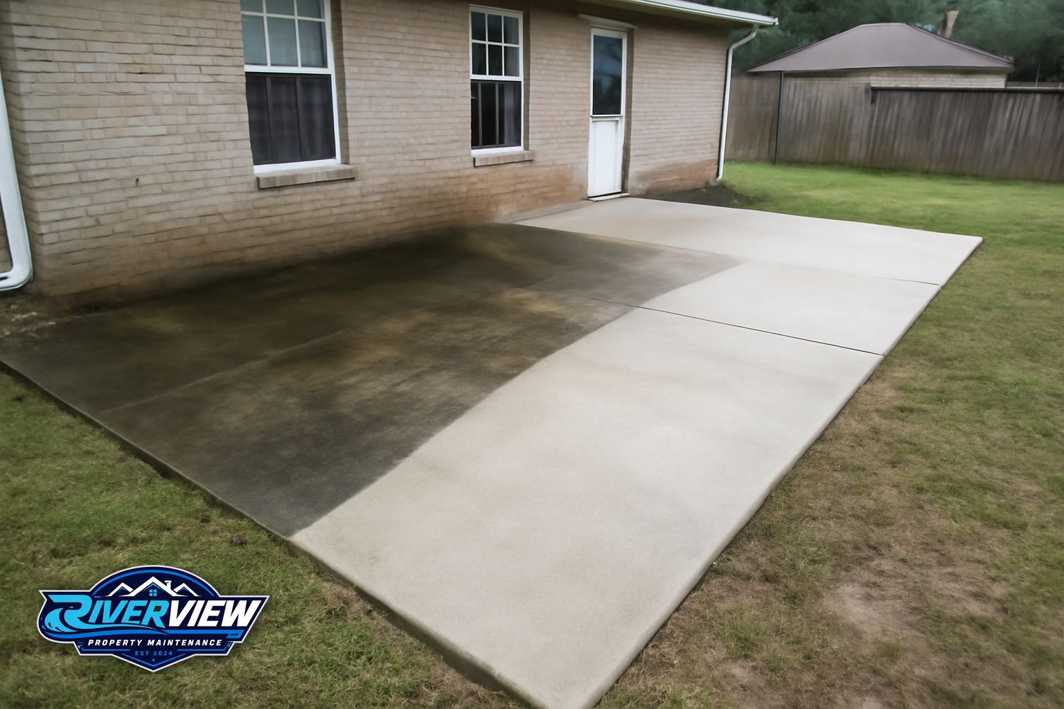 Concrete patio before and after pressure washing in Lawrenceville GA