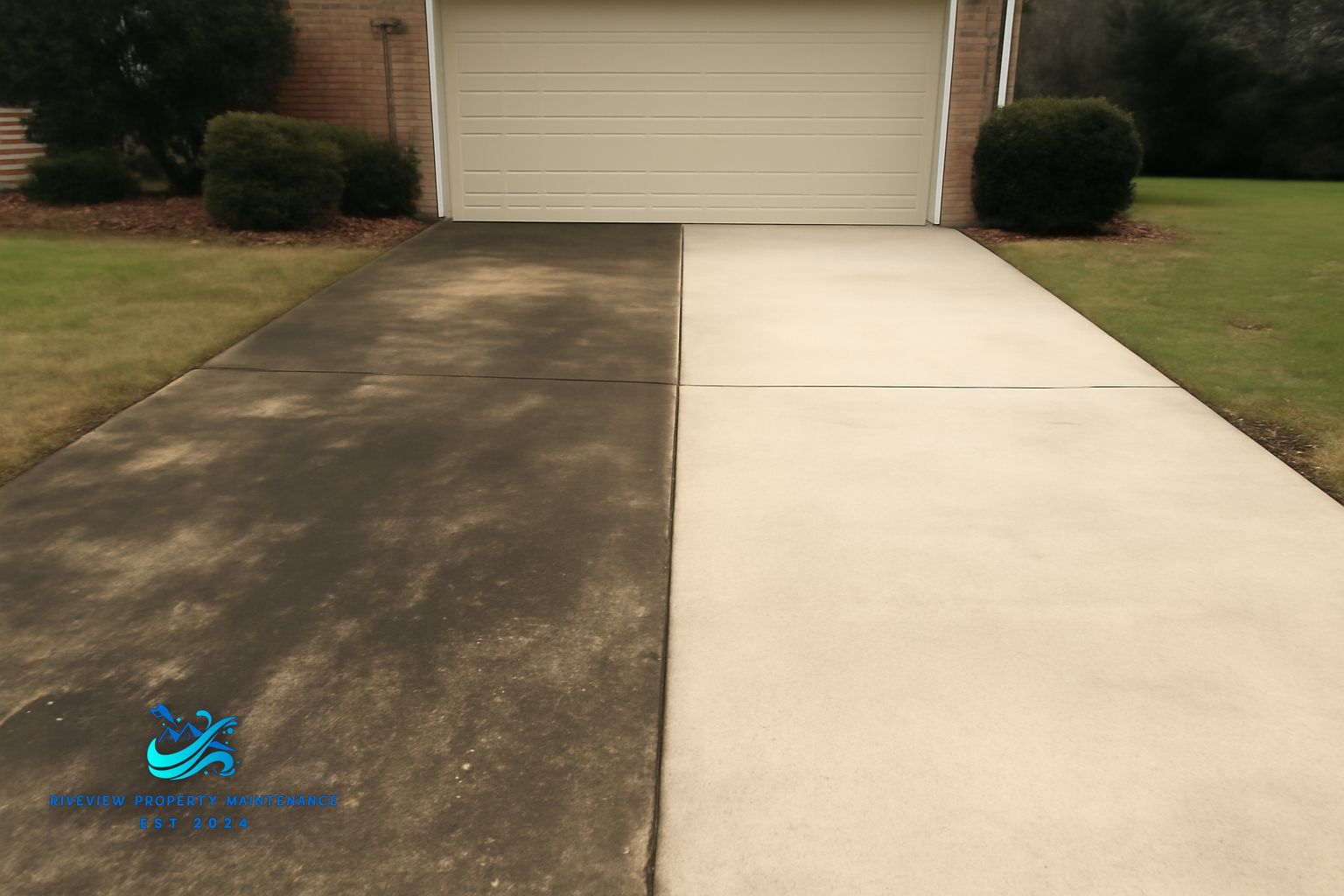 Concrete driveway being pressure washed in Mulberry GA showing red clay and algae removal
