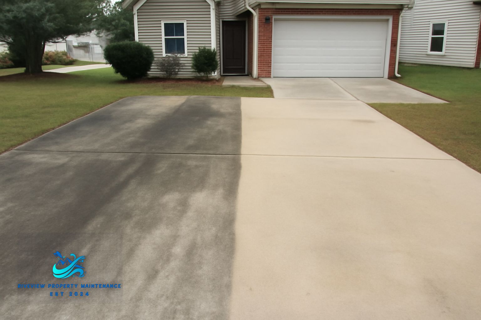 Before and after concrete patio cleaning showing pine pollen and algae removal in Gwinnett County GA