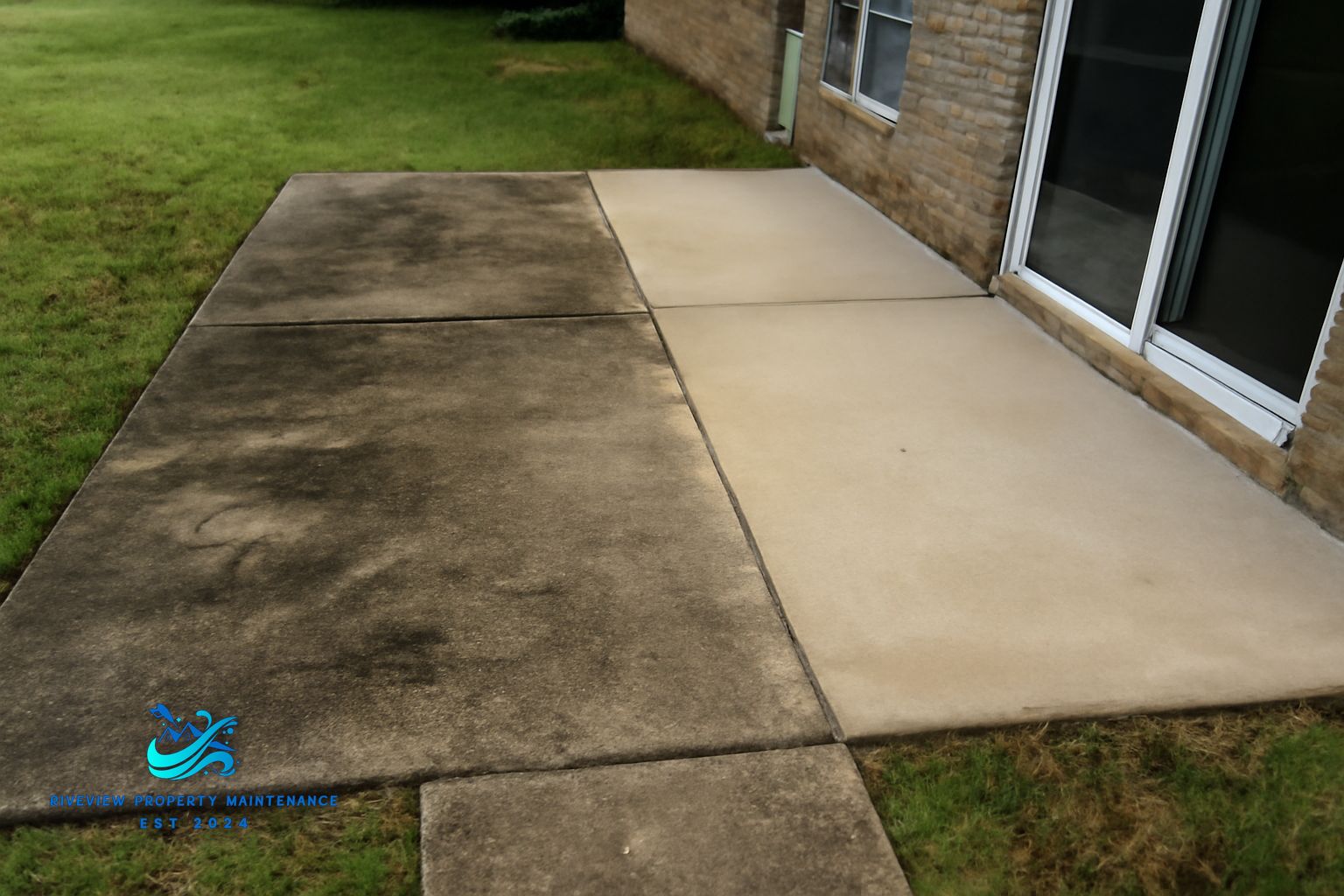 Concrete patio before and after pressure washing in Mulberry, GA