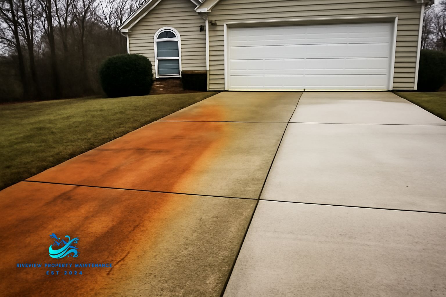 Concrete driveway pressure washing in Winder GA showing red clay stain removal