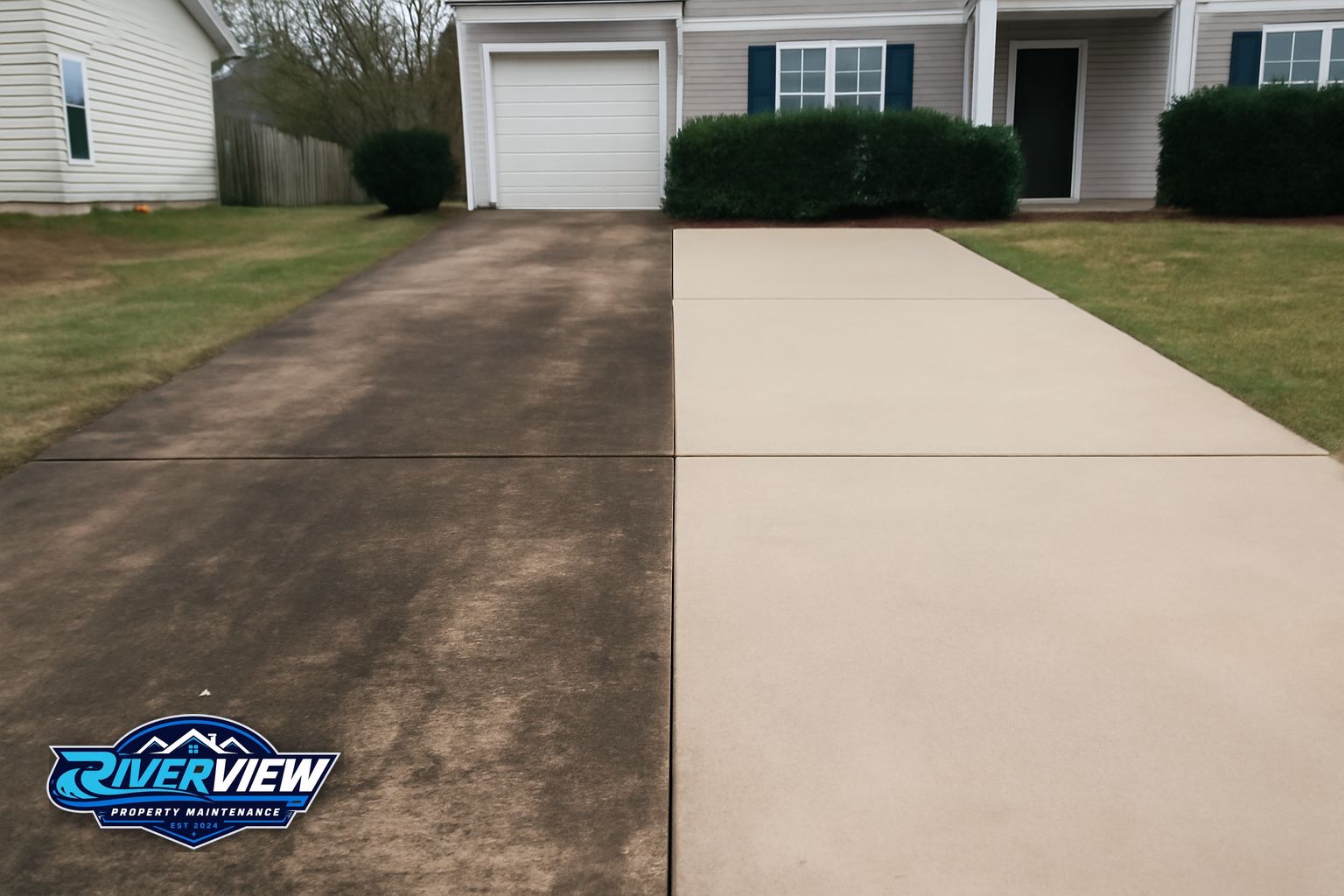 Concrete driveway in Winder GA before and after pressure washing showing red clay and pollen removal