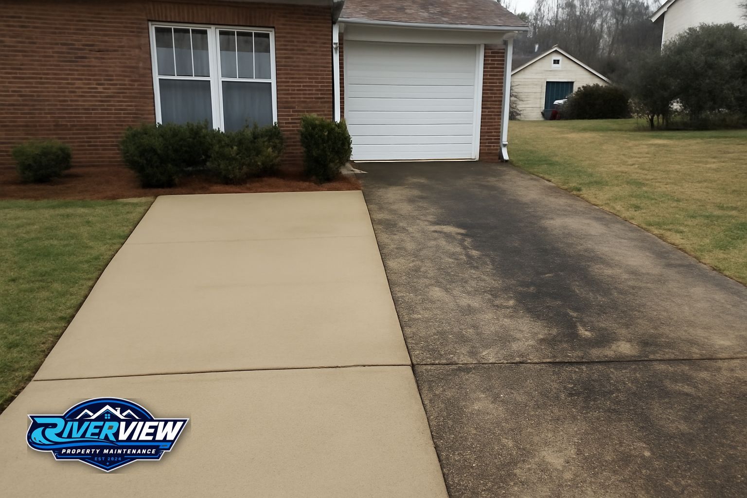 Patio pressure washing in Winder GA removing algae and mildew from shaded concrete surface