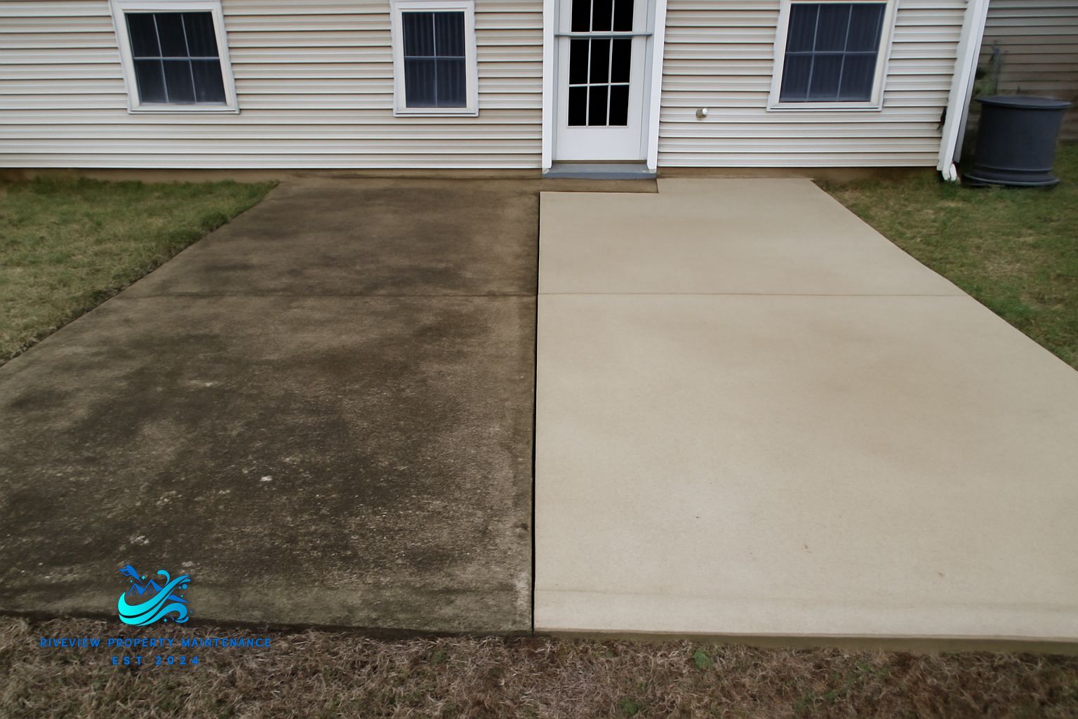 Concrete patio before and after pressure washing in Winder GA 30680