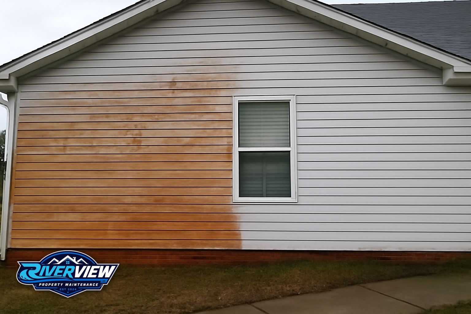 Before and after pressure washing a concrete driveway in Winder, Georgia showing red clay stain removal