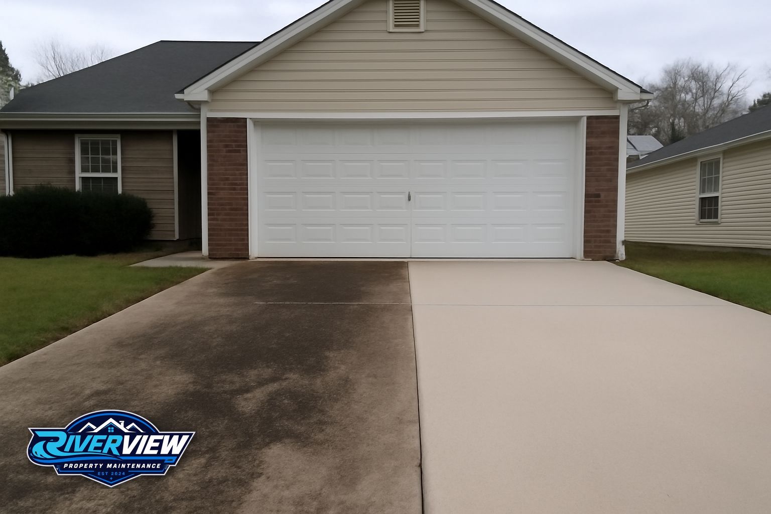 Commercial sidewalk in Winder GA before and after pressure washing, showing red clay and algae removal