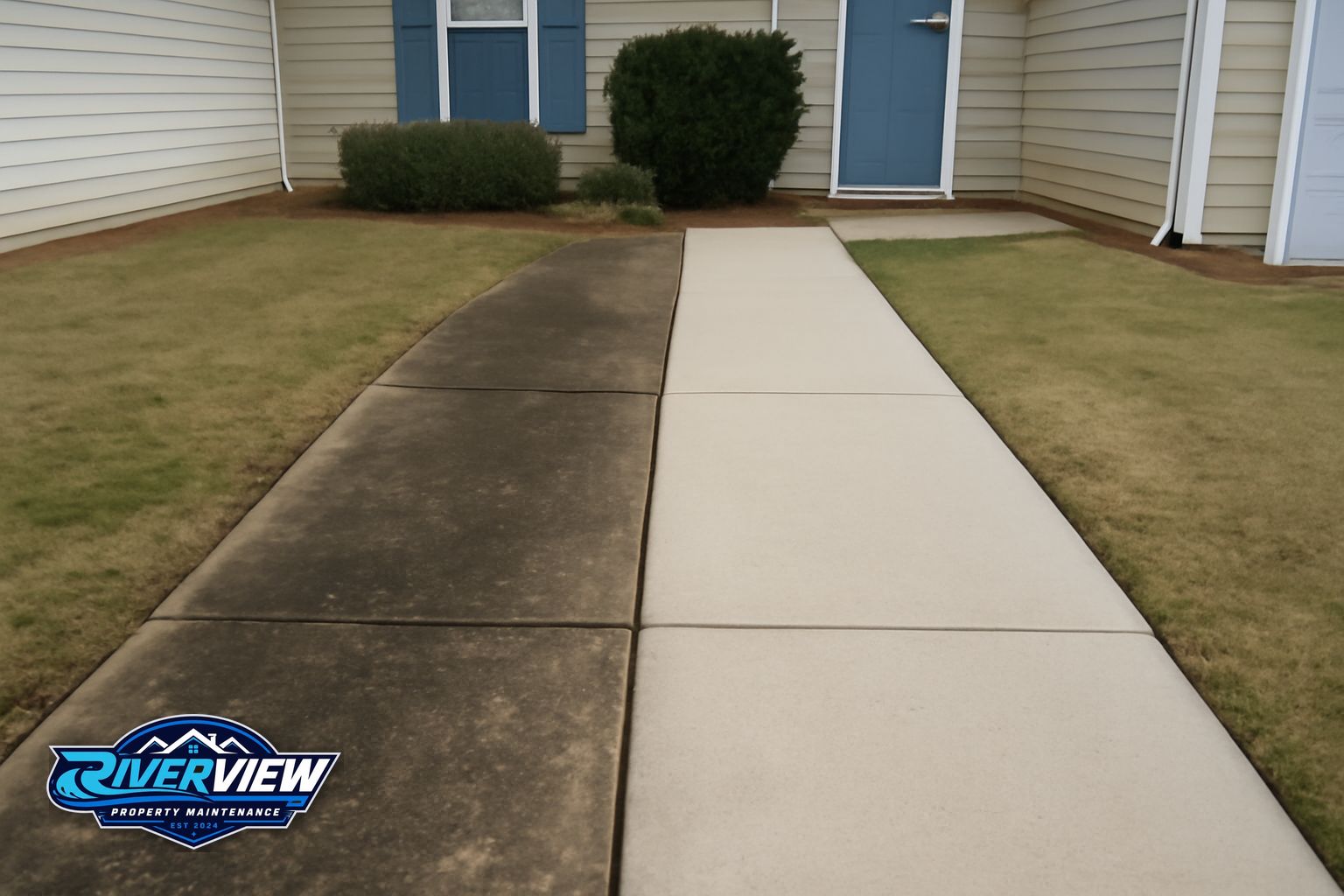 Before and after pressure washing on a concrete sidewalk in Winder GA showing red clay stain removal