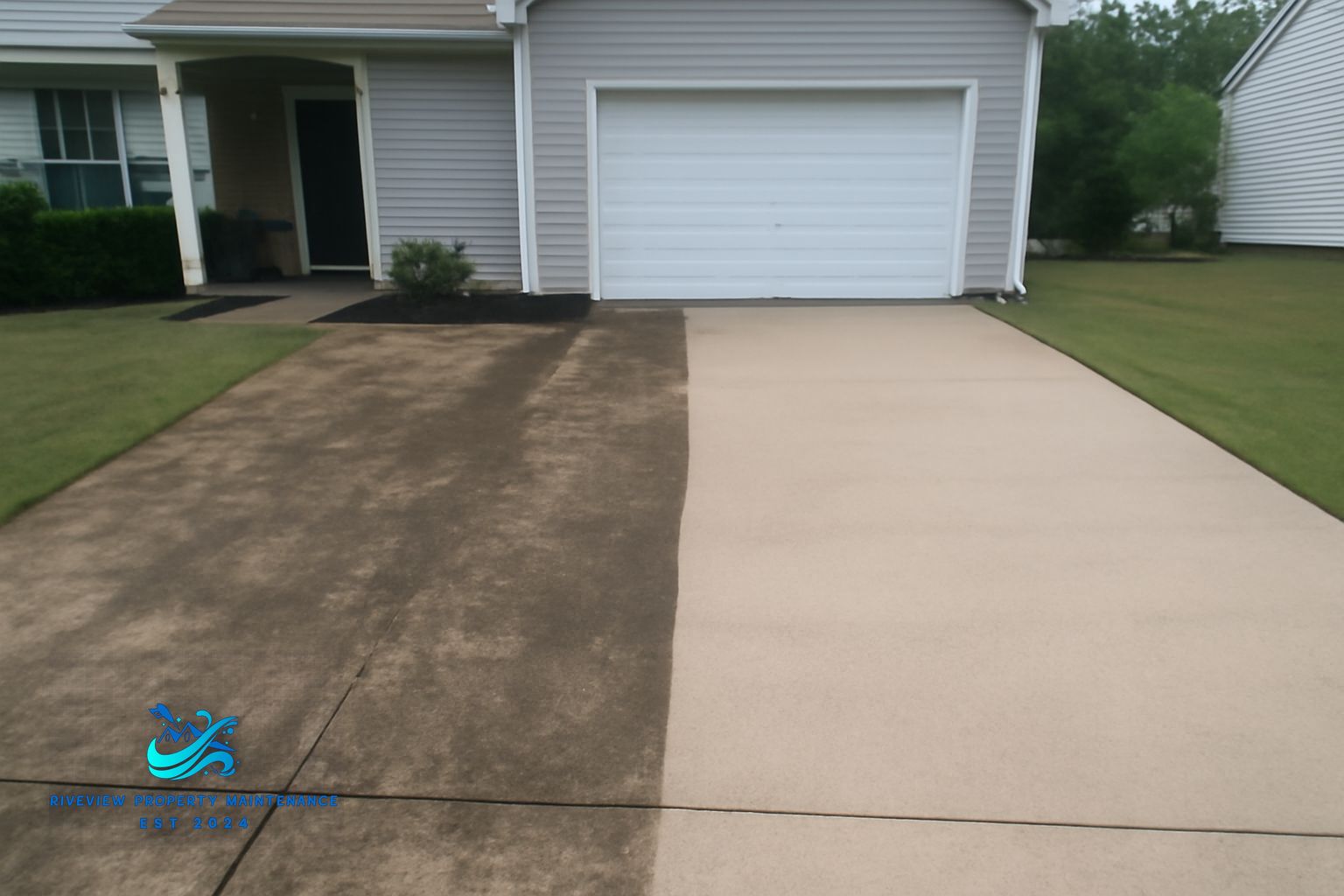 Concrete driveway before and after pressure washing in Winder GA