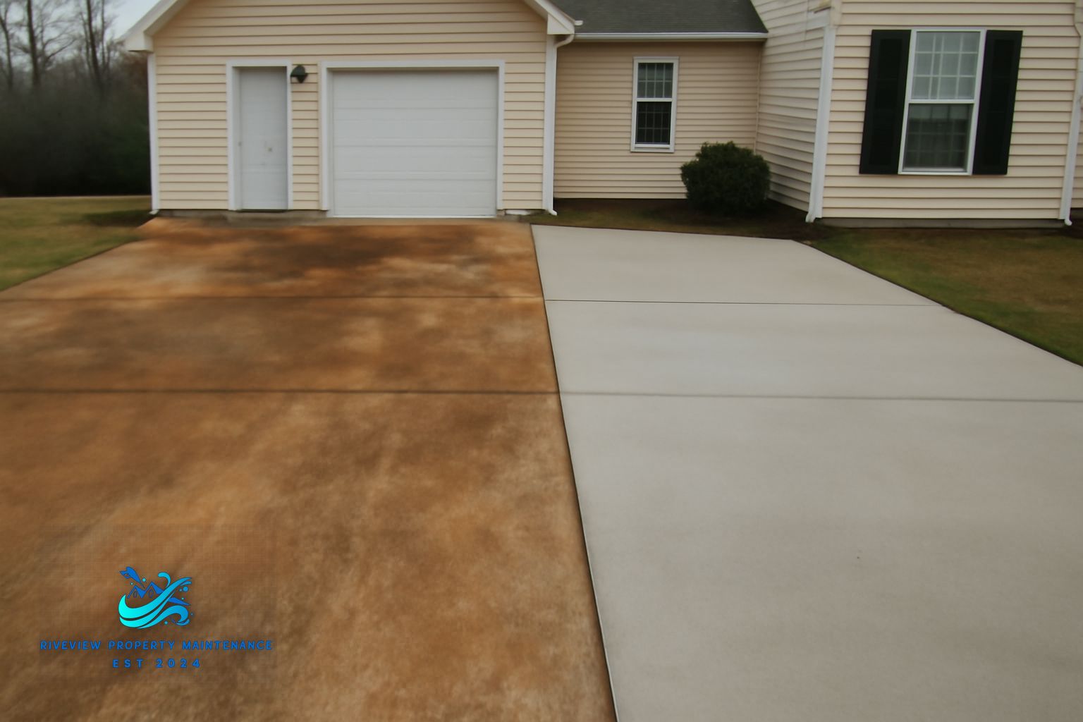 Concrete driveway in Winder, GA being pressure washed to remove red clay stains