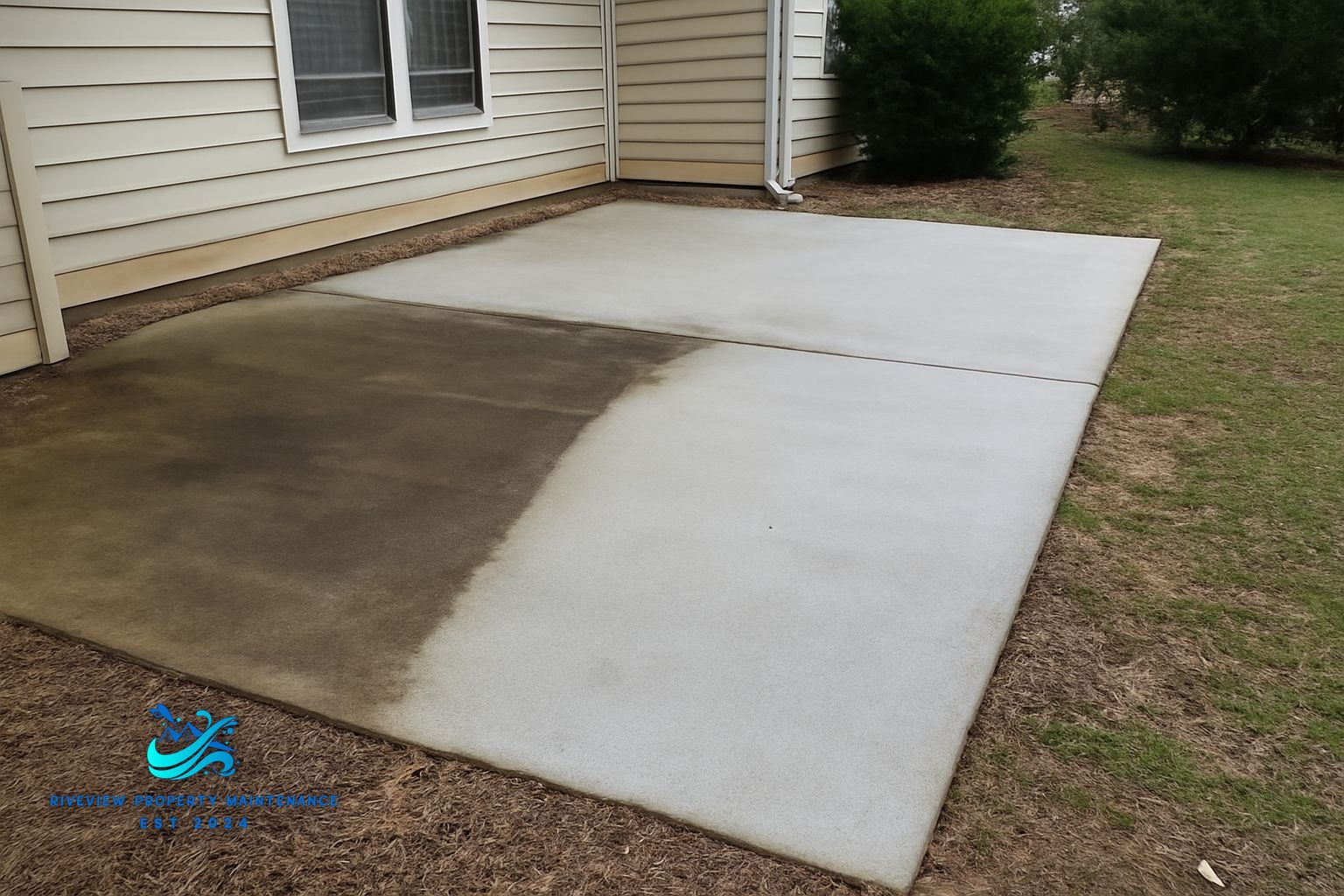 Concrete patio with red clay staining before pressure washing in Winder Georgia