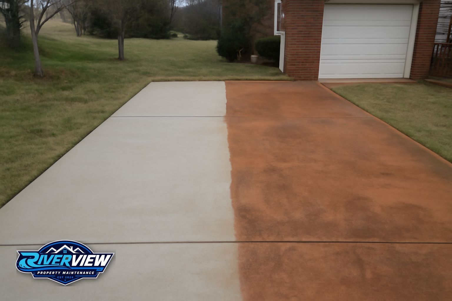Clean concrete driveway in Winder Georgia after professional pressure washing by Riverview Property Maintenance