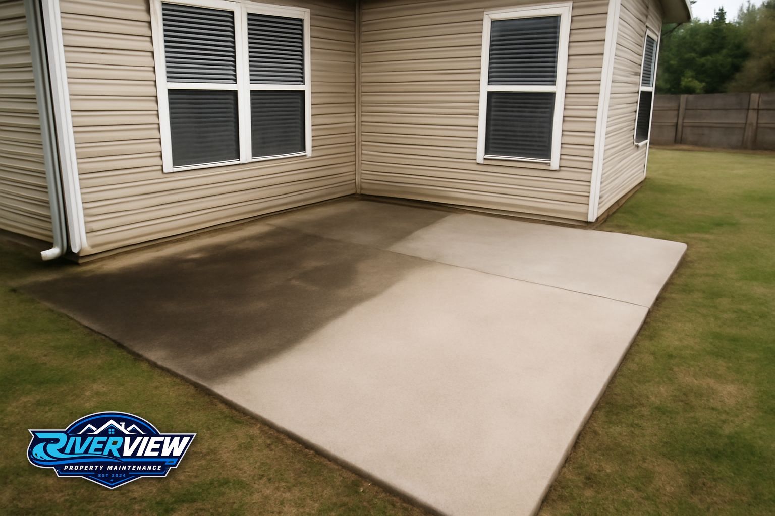 Technician pressure washing a concrete patio in Winder, GA, removing red clay and mold stains
