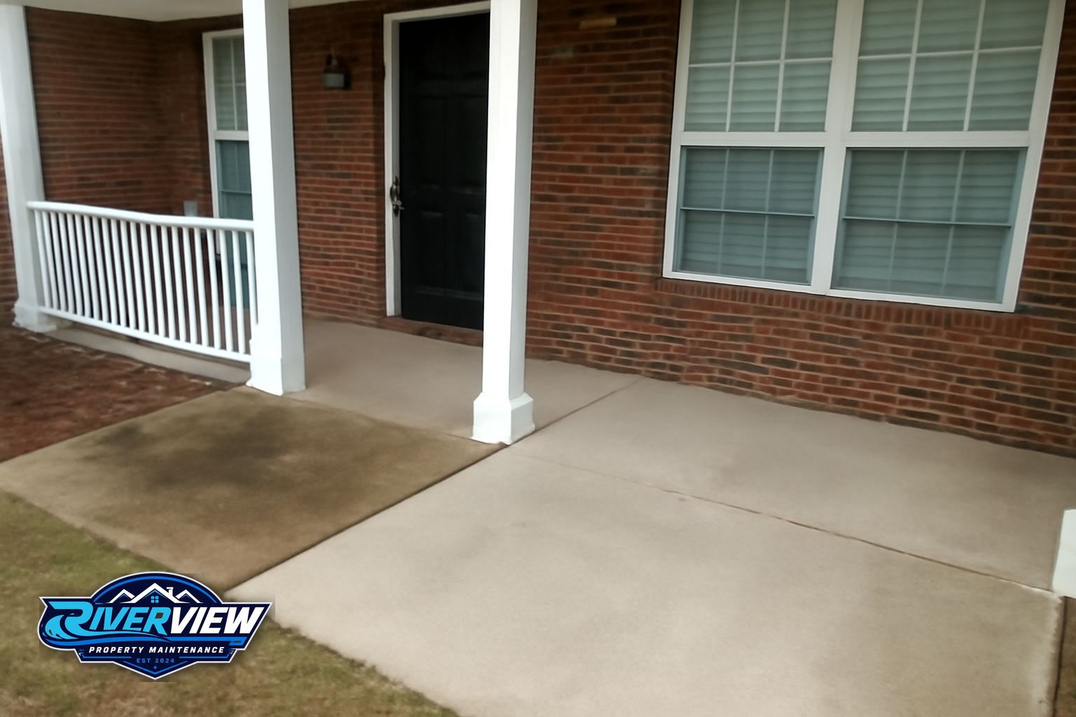 Before and after pressure washing a porch slab in Winder GA 30680