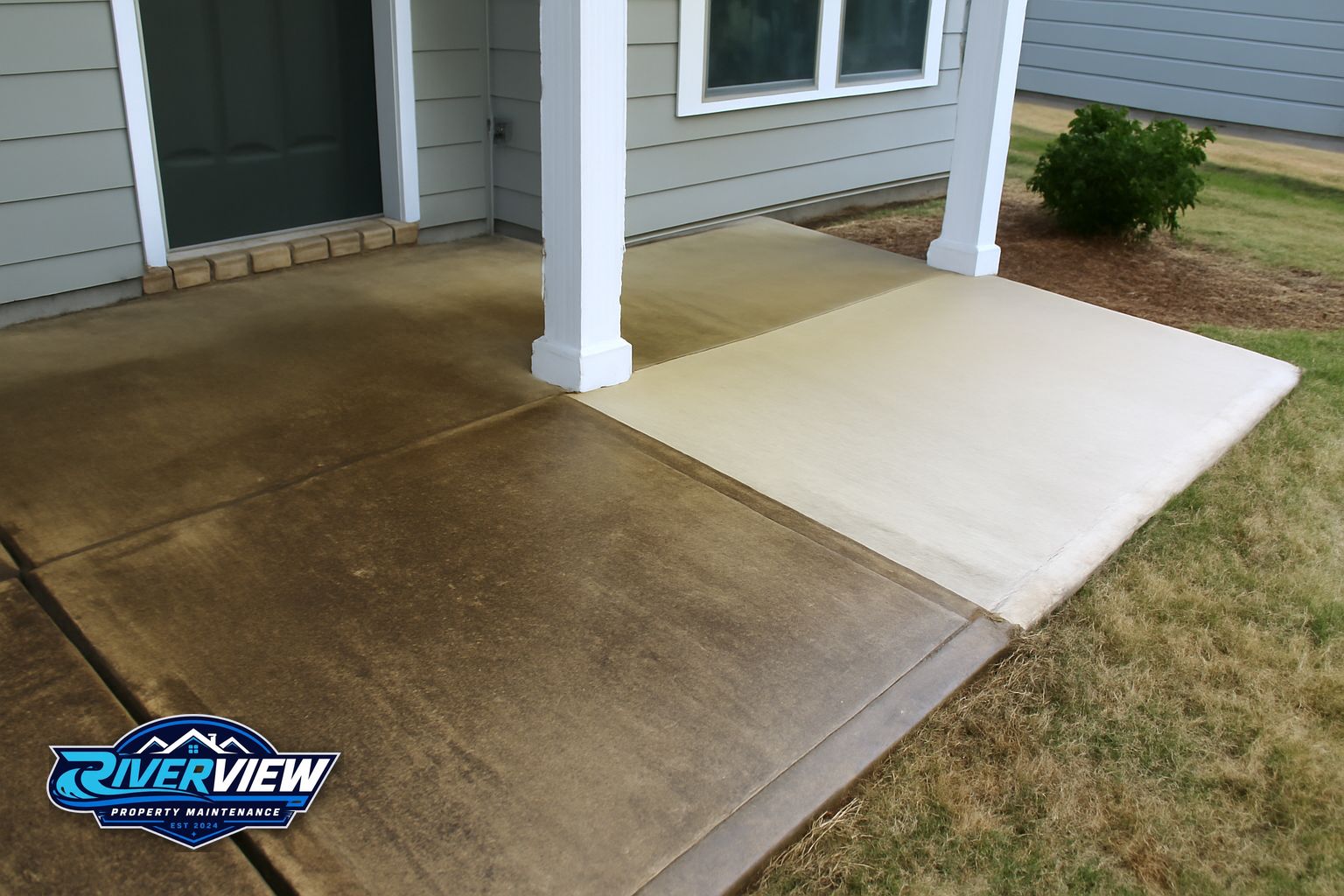 Riverview Property Maintenance cleaning a stamped concrete patio near Winder GA