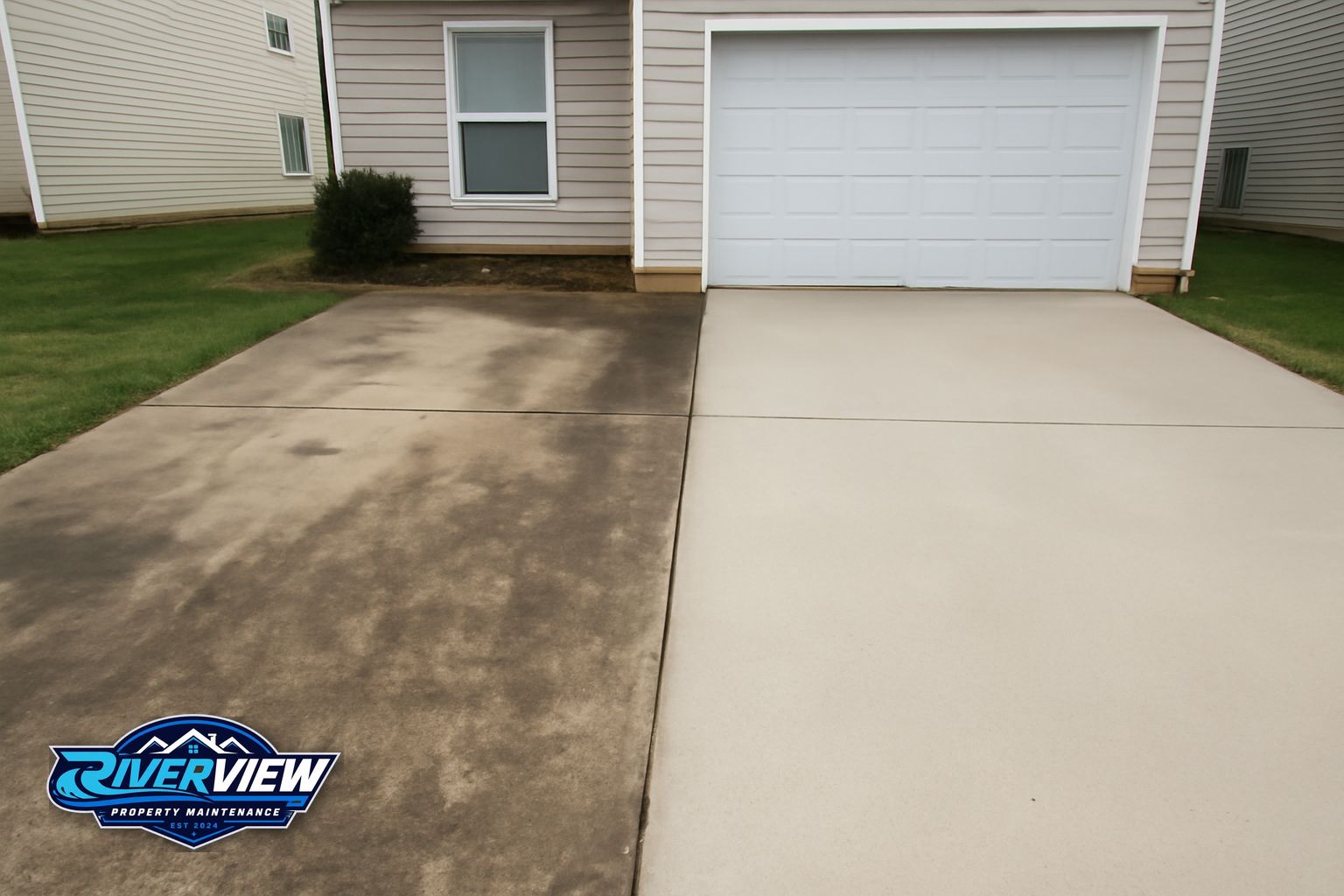 Pressure washing a concrete driveway in Winder GA covered in red clay stains and algae