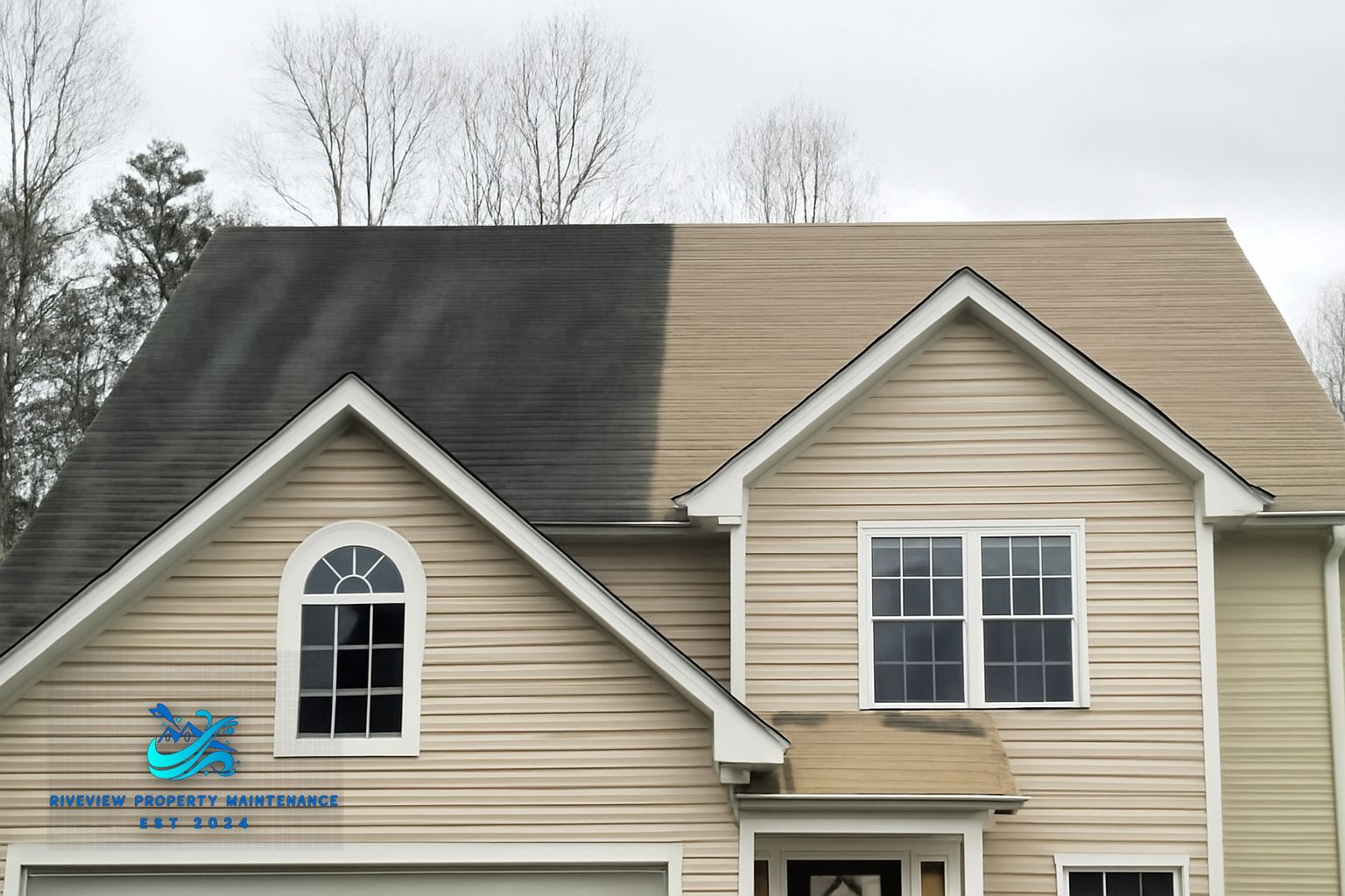 Black algae streaks on asphalt shingles before soft washing in Auburn GA