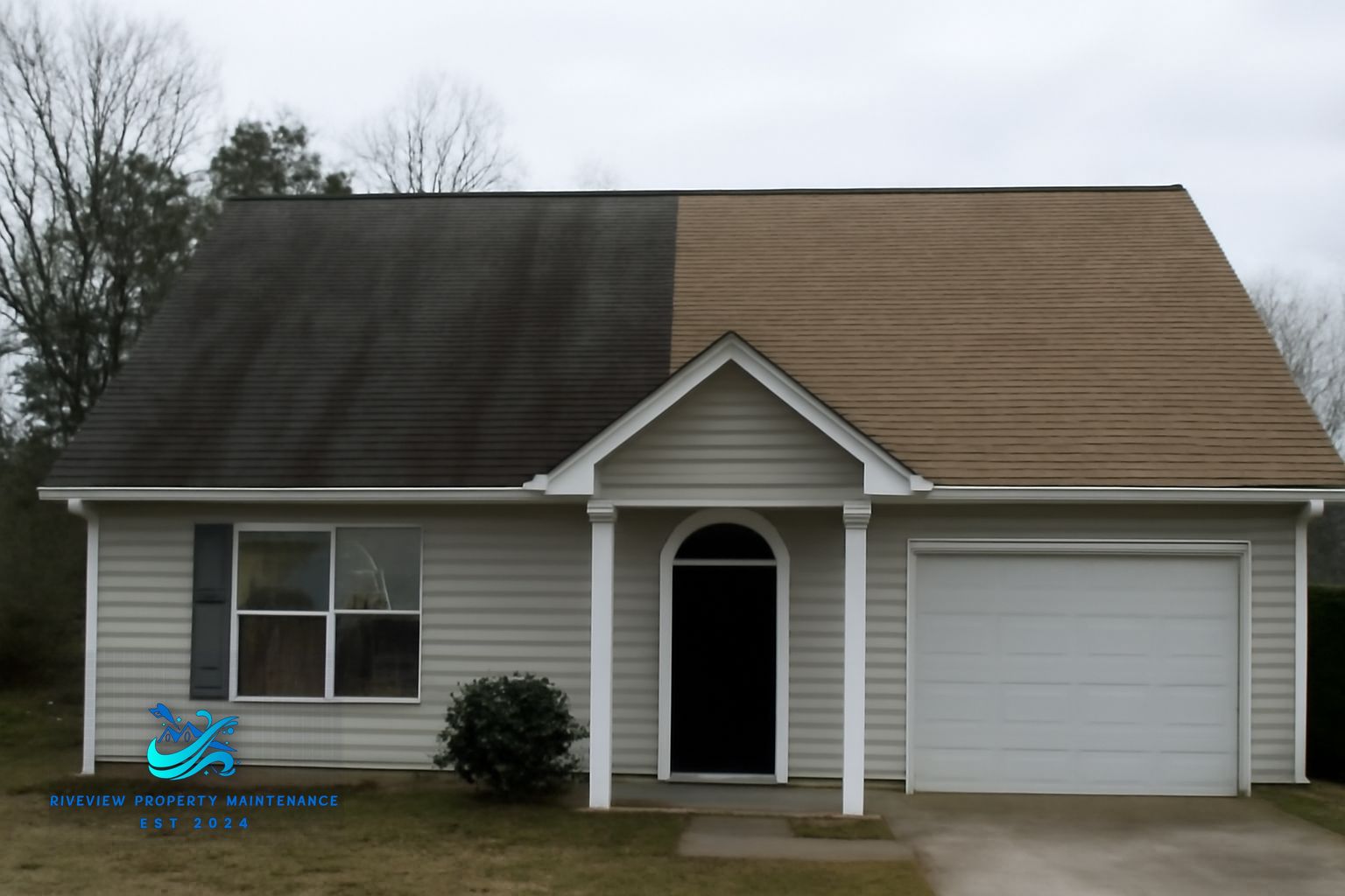 Black algae streaks on asphalt shingles before soft washing treatment in Winder GA