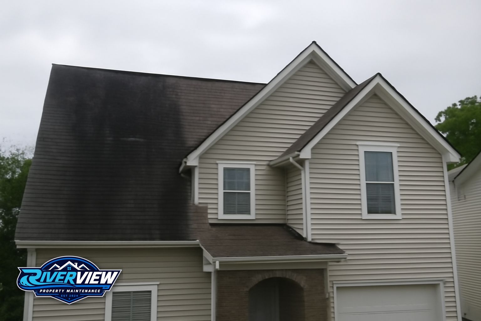 Black algae streaks on asphalt shingle roof in Auburn GA 30011 before soft washing